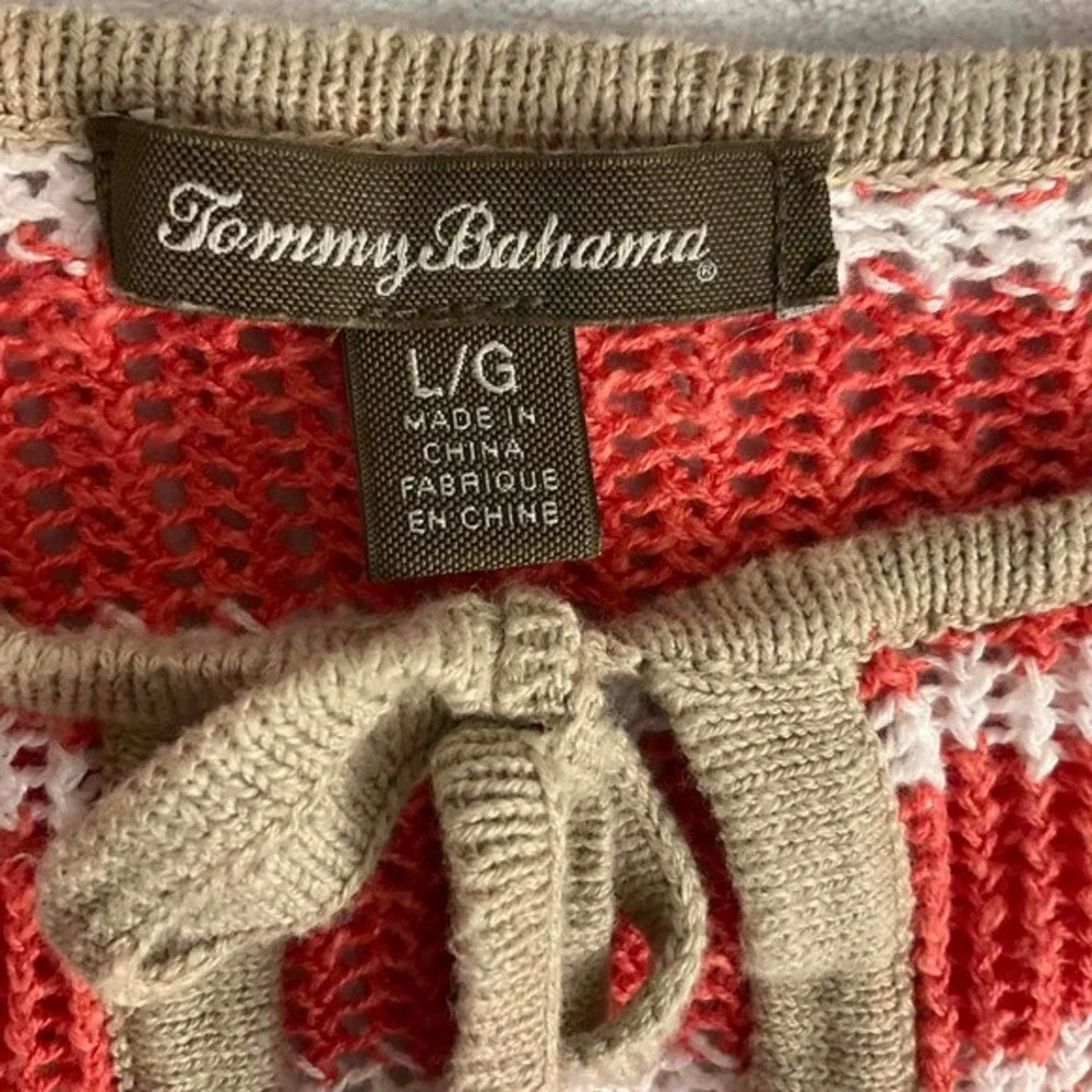 Tommy Bahama‎ Knit Sweater Women Large Orange Striped Tie Neck 3/4 Sleeve